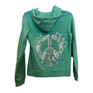 Vintage Y2K BCBG Max Azria Womens Medium Green Zip Hoodie Rhinestone Logo Cotton